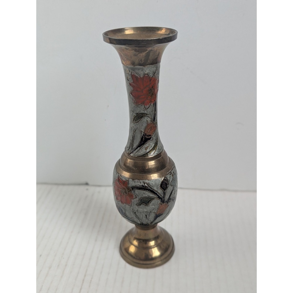 Vintage Penco Floral Enamel Brass Vase 7.5" High India